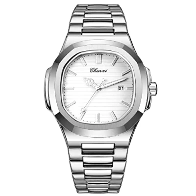 Imagen de JewelryWe Reloj de Cuarzo para Hombres, Hombre Case Luminous Bar Scale Manos Luminosas Correa Acero Inoxidable sólido (Blanco)