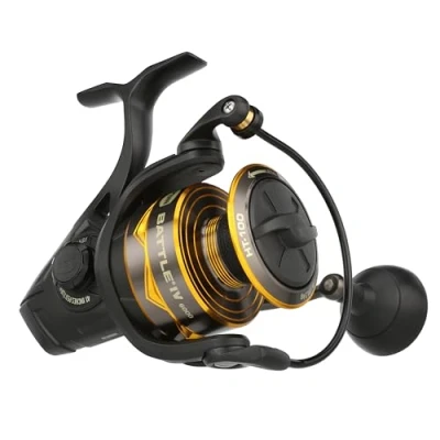 Imagen de PENN Carrete Giratorio Battle® IV, Pesca de Agua Salada Señuelos y cebos para Peces mar, Bobina Aluminio, Robusto 6000 Tamaño del 5.6:1 Engranaje Negro, Dorado Ahumado