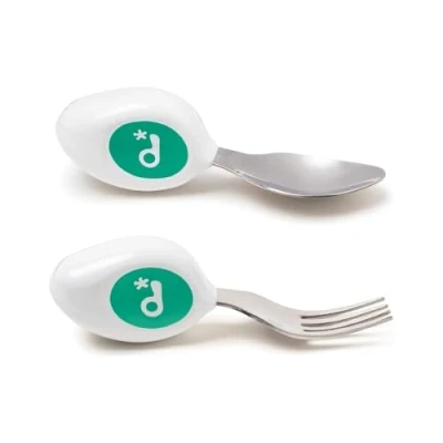 Imagen de doddl Set de 2 utensilios, cuchara y tenedor para niños, aprende a usar cubiertos enseguida, suministros bebés, desde 1 año, Turquesa