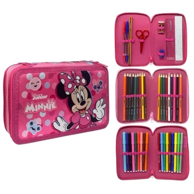 Imagen de CARTOON Estuche de 3 cremalleras completo 44 piezas para la escuela, multicompartimento, bolígrafos, lápices, colores, rotuladores Giotto, Minnie., Moderno