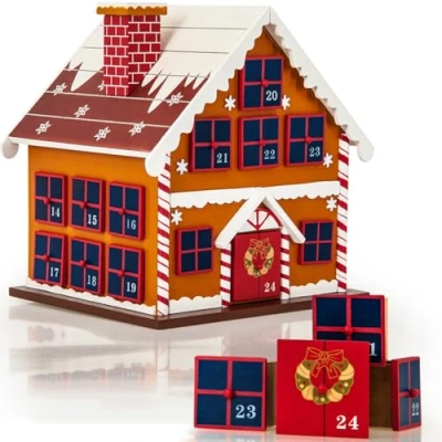 Imagen de Spielwerk® Calendario de Adviento Madera Casita Jengibre DIY 24 Cajoncitos Reutilizable Decoración Navideña