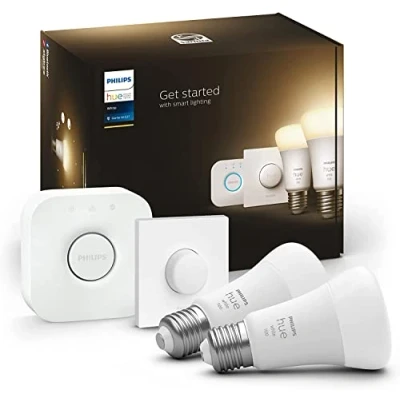 Imagen de Philips Hue Bombilla Inteligente, A60 E27, Luz Blanca Cálida regulable, 10.5W (Eq. 75W), Compatible con Alexa y Google Home Pack de 2 Bombillas LED inteligentes + Botón Inteligente Bridge