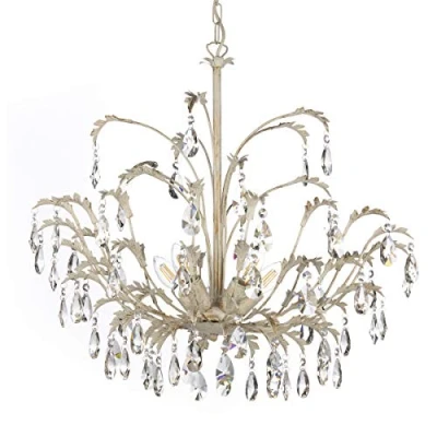 Imagen de ONLI Cesta Lámpara de Techo 5 Luces Metal Marfil Cepillado Dorado con Gotas Cristal Colgantes, Blanco Perla (ral 1013)