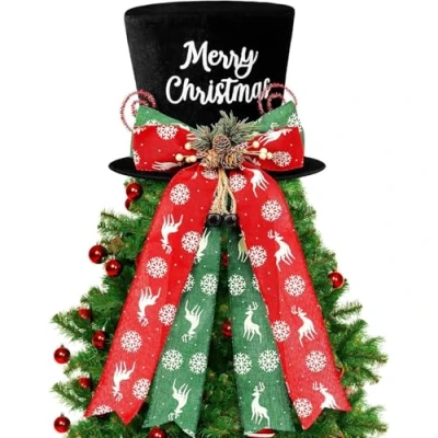 Imagen de KAHEIGN Adornos para Copa del Árbol de Navidad, 25CM Grande Negro Sombrero Navidad con Piñas y Copos Nieve Alce Lazo Hogar Vacaciones Invierno Fiesta Decoración