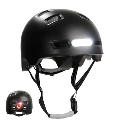 Imagen de Casco de Bicicleta Negro Mate Crazy Safety con Luz Delantera y Trasera USB Bici Ciudad para Hombres Mujeres, Urbano Patinete, Skate, Patines Bicis BMX Talla L(57 61cm)
