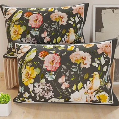 Imagen de PETTI Artigiani Italiani Par de Fundas cojín Microfibra 145 x 40 cm, para decoración Dormitorio, sofá, salón, Juego 2 cojín, Funda Almohada Floral Negra, 100% Made in