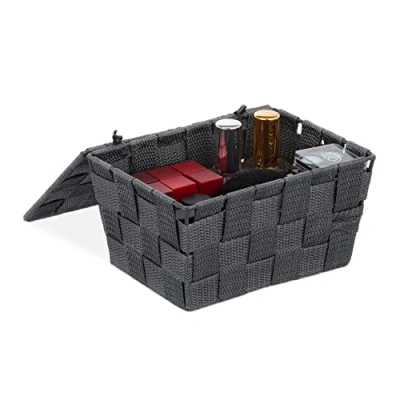 Imagen de relaxdays Caja de almacenaje con tapa, Cesta almacenamiento, PP, 10,5 x 19,5 14,5 cm, 1 Ud., Gris