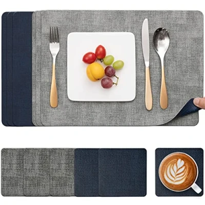 Imagen de Myir JUN Manteles Individuales y Posavasos, Salvamanteles de Cuero Juego 6 Mantel Individual Lavables Antideslizant Mesa Impermeables (Gris Negro, 6)