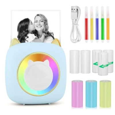 Imagen de GuKKK Mini Impresora Fotográfica para Movil, Portátil Termica Bluetooth, Inalámbrico con LED de 7 Colores, Fotos Nota