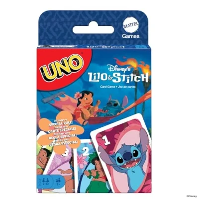 Imagen de Mattel Games UNO Disney Lilo &amp; Stitch, Juego de Cartas con Regla Especial Ohana, Inspirado en los Personajes la película, Mesa Familiar, Juguete Regalo para niños y niñas +7 años, JCC10