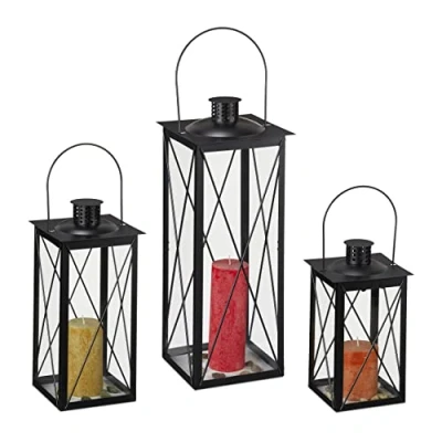 Imagen de Relaxdays Set 3 Portavelas, Farol Decorativo para Interior y Exterior, Tamaños, Metal Cristal, Farolillo Vela, Negro