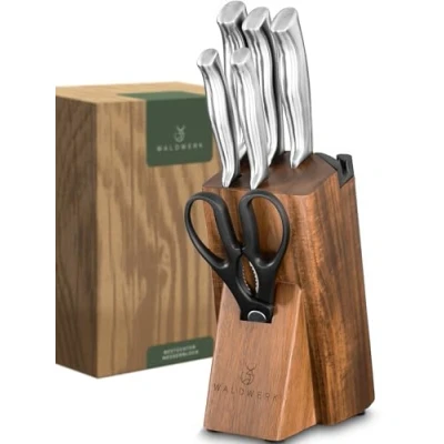 Imagen de WALDWERK Cuchillo de cocina, 7 cuchillos con bloque almacenamiento y afilador integrado, juego soporte,