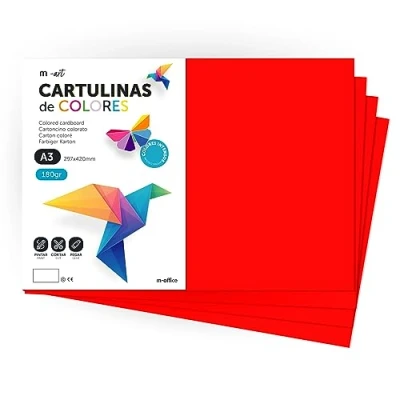Imagen de cartulina de Colores, A3, Folios colores 180gr, Bloc intensos, Ideal para Manualidades, Imprimir tus Documentos y Diseños Creativos · m office (25 Hojas, Rojo)
