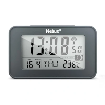 Imagen de MEBUS digitaler Funk Wecker mit Mondkalender, Beleuchtung, Innenthermometer, Schlummer Funktion/Material: Kunststoff/Farbe: Grau/Modell: 51460