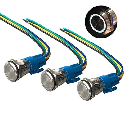 Imagen de QitinDasen 3Pcs Premium 12V / 24V 5A Interruptor de Botón Momentáneo, 16mm Metálico, LED Blanco Pulsador Impermeable IP67 con Enchufe Cable