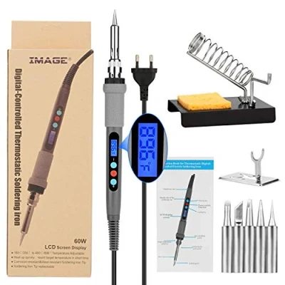 Imagen de Soldador de Estaño Digital, IMAGE 60W / 220V Eléctrico LED Temperatura Ajustable, Interruptor ON/OFF, con 5 PCS Puntas Diferentes, 2 Soportes para y 1 Esponja