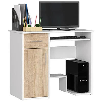 Imagen de AKORD Escritorio para PC Jay con Estante Teclado de Oficina Ordenador Mesa L90 x H74 P50 cm 29 kg Blanco &amp; Roble Sonoma