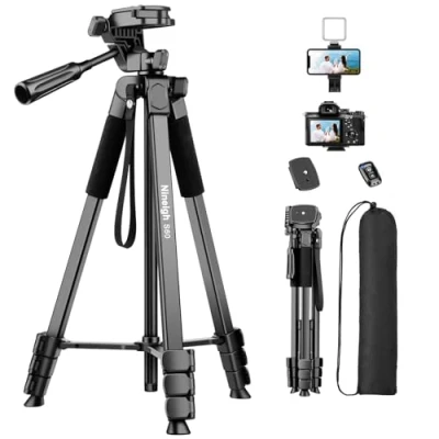 Imagen de Nineigh 160cm Tripode Camara para Movil, Ligero Tripod de Aluminio con Control Remoto y Soporte Teléfono, Trípode Portátil Viaje Compatible iPhone/Teléfono Móvil Android/Cámara Digital