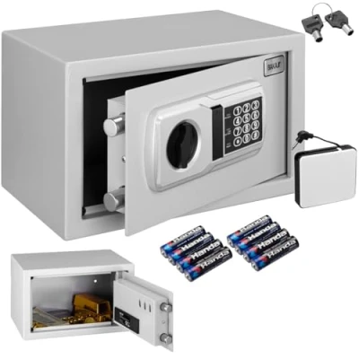 Imagen de BAKAJI caja fuerte electrónica de seguridad con batería externa, valores y documentos antirrobo para casa, hotel, instalación en pared o independiente, 31 x 20 cm (gris)