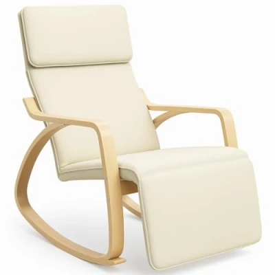 Imagen de BAKAJI Beige Silla Mecedora Sillón Relax Algodón Respaldo y Reposapiés Ajustable, Madera, Standard