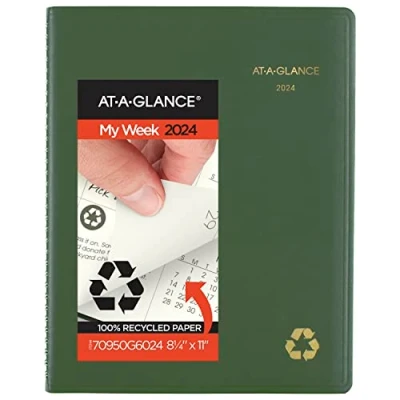 Imagen de AT A GLANCE Agenda semanal y mensual 2024, libro de citas trimestrales por hora, 8 1/4 x 11 pulgadas, grande, reciclado, pestañas mensuales, verde (70950G6024)