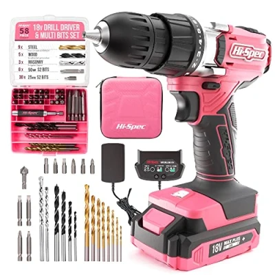 Imagen de Hi Spec Taladro Destornillador Electrico/Atornillador Inalámbrico Rosa 18V. Con Juego de Brocas Acero S2. Bateria recargable 1500mAh. Potencia 18Nm y Velocidad hasta 400rpm.