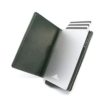 Imagen de Stealth Wallet Tarjetero Hombre con Protección RFID Cartera Pop Up y Caja de Regalo Porta Tarjetas Crédito Metal Delgado Ligero (Aluminio Plateado, Cuero Verde)
