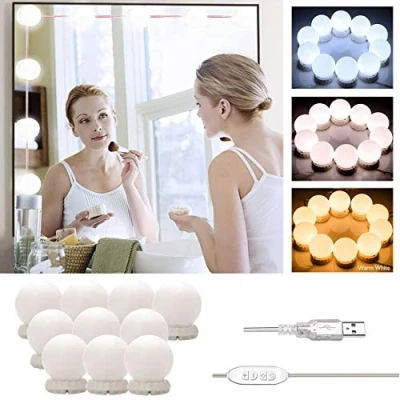 Imagen de Luces LED para Espejo de Maquillaje, Lámpara Tocador con Estilo Hollywood USB Puerto, Kit Luz Baño 10 Bombillas Dimmable 3 Modos y Brillo DIY (Sin Cargador USB)