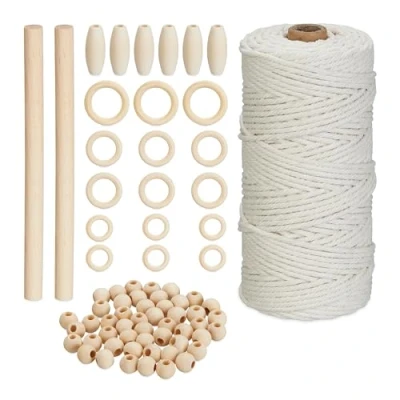Imagen de Relaxdays Juego Kit Macramé 73 Piezas, Principiantes, 109 m Hilo Algodón 3 mm, Cuentas, Palos y Anillos Madera, Blanco/Natural