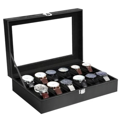 Imagen de Uten Caja para Relojes con 12 Compartimentos, Hebilla de Metal, Almohadilla Extraíble, Tapa Vidrio, Guardar Joyas, Cuero PU Negro, Forro Negro