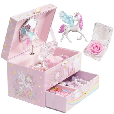 Imagen de Procase Joyero Musical para Niñas, Caja Joyas con Sonido Unicornio Giratorio y Espejo Organizador Cajón de Joyería Sunshine