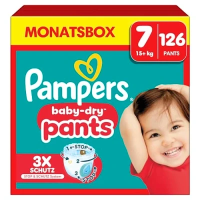 Imagen de Pampers Baby Dry Pants Talla 7, 126 Pañales, 17kg+, ajuste de 360 para ayudar a prevenir aperturas y fugas, caja mensual