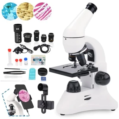 Imagen de USCAMEL Microscopio 40X 2000X LED Dual Lentes de Vidrio Óptico Microscopios Monoculares Lab para Niños Estudiantes Adultos Colegio Educación en Casa con Diapositivas, Kits Ciencia