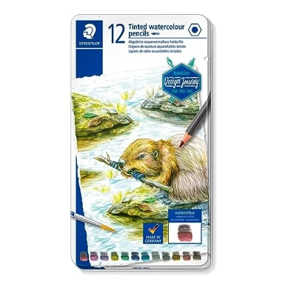 Imagen de Staedtler 14610T M12 Design Journey Bolígrafos Solubles en Agua Tintados 146, Formato Sezhsknt Clásico, Recarga Suave E Intensa, 12 Acuarelas Caja Metálica
