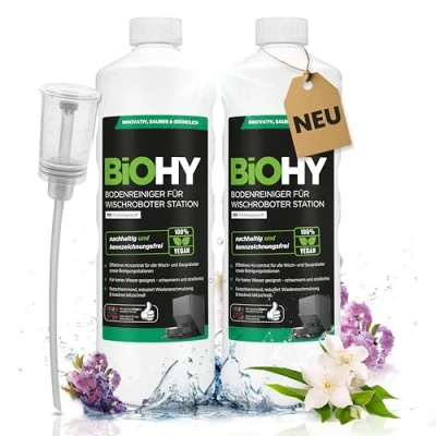 Imagen de BiOHY limpiador de suelos para robot estación con aroma primaveral (2 x 1 litro) + dosificador, detergente concentrado todos los robots limpiadores y aspiradores función húmeda,
