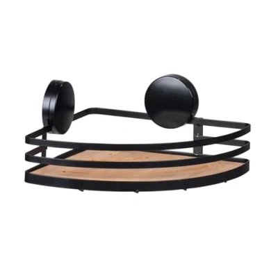 Imagen de WENKO Estantería de esquina Alba Static Loc® WENKO, soporte ducha acero lacado y bambú sostenible, sin taladrar, jabonera se sujeta por adherencia estática, 27,3 x 21 10,8 cm, negro/natural