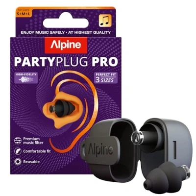 Imagen de Alpine PartyPlug Pro Tapones de Oídos Hi Fi para Conciertos, Protección Auditiva Profesional 21dB Esencial Festivales, Música &amp; Raves 3 Tamaños S/M/L Negro