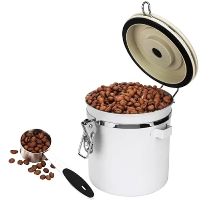 Imagen de BELLE VOUS Bote para Cafe Blanco Recipiente Hermetico de 1,4 l Granos Café Tarros con Indicador Fechas Dosificador y Válvula CO2 Botes Almacenaje Cocina