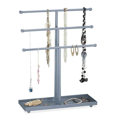 Imagen de Relaxdays Soporte Expositor Joyas, 3 Barras, Forma T, Collares, Pendientes, Pulseras, con Balda, Metal, Joyero, Plateado, Hierro, 40 x 31 11 cm