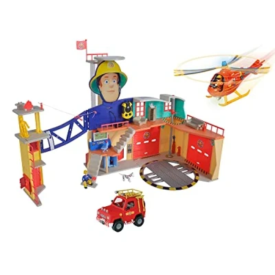 Imagen de Simba 109252613 Estación de Bomberos Mega XXL con helicóptero Wallaby, Coche 4x4 (Rojo) y Figuras Sam, Tom &amp; Penny, Juguete para niños a Partir 3 años