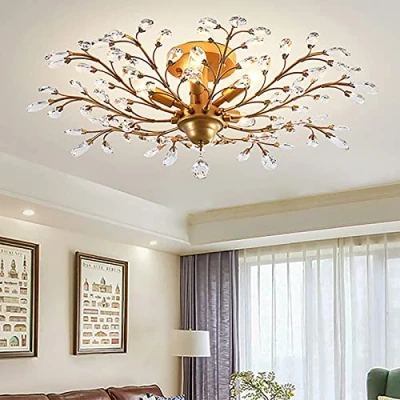 Imagen de Ganeed Lámpara de araña cristal transparente K9 vintage iluminación colgante accesorio empotrado para la sala estar comedor restaurante porche pasillo oro 5 luces