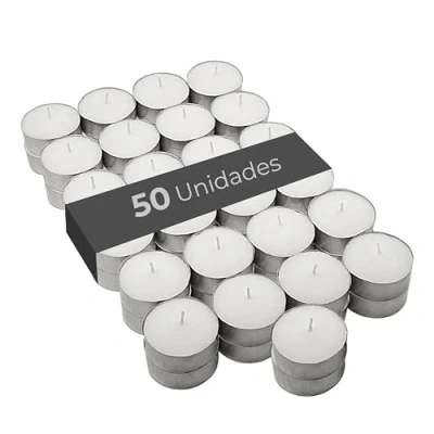 Imagen de COM FORT HOUSE Velas de te Blancas Pack 50 Unidades Té Calientaplatos Tealight 8 Horas Duración Decorativas Sin Perfume