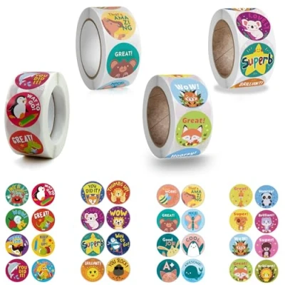 Imagen de TECKI 2000 Piezas Pegatinas Recompensa Redondas Colores, Animales, Sellos para Profesores, Esencial Profesores de Primaria, Decoraciones Regalo