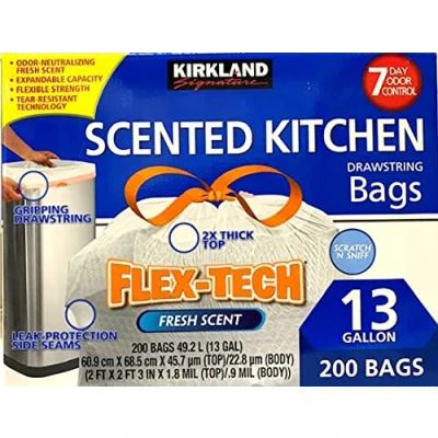 Imagen de Kirkland Signature Flex Tech Bolsas de basura perfumadas para cocina 13 galones, 200 unidades