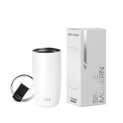 Imagen de Simple Modern Travel Coffee Mug Tumbler with Clear Flip Lid Reusable Insulated Stainless Steel Thermos Cold Brew Iced and Tea Cup Voyager Collection 16oz (470ml) Winter White
