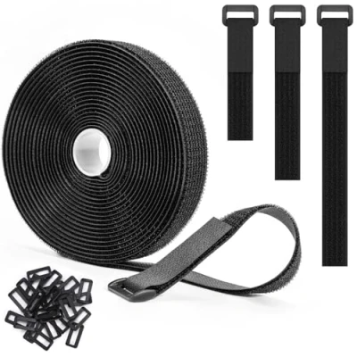 Imagen de Trilancer Cinta Sujeta Cables Reutilizables 5m x 2.5cm con 25 Hebillas, Bridas Negras Ajustables para Gestión y Organizador de Cables, Cortable a Medida, Negro