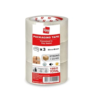 Imagen de Dpm tapes Packaging Tape Cinta De Embalaje, Adhesiva Paquetes, Envíos, Mudanzas, Resistente Al Desgarro, Sin Disolventes, Fuerte Y Silencioso, 50 m x 48 mm, Transparente (3 rollos)