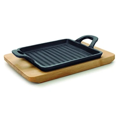 Imagen de Lacor 25875 Mini Plancha Grill Cuadrada Magma, Medidas Base Madera 19.5 x 14 1.7 cm, Hierro Fundido Apto para Todo Tipo de Fuegos, Incluida Inducción y Horno