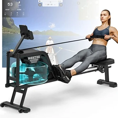 Imagen de Neezee Maquina de Remo, Remo para Casa Agua con Riel Acero Inoxidable, Máquina Soporte Tableta, Resistencia al y Pantalla LCD