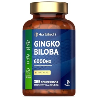 Imagen de Ginkgo Biloba 6000 mg 365 Comprimidos (no cápsulas) Veganos 1 Año de Suministro Extracto Alta Concentración 50:1 Ginko Memoria y Horbaach